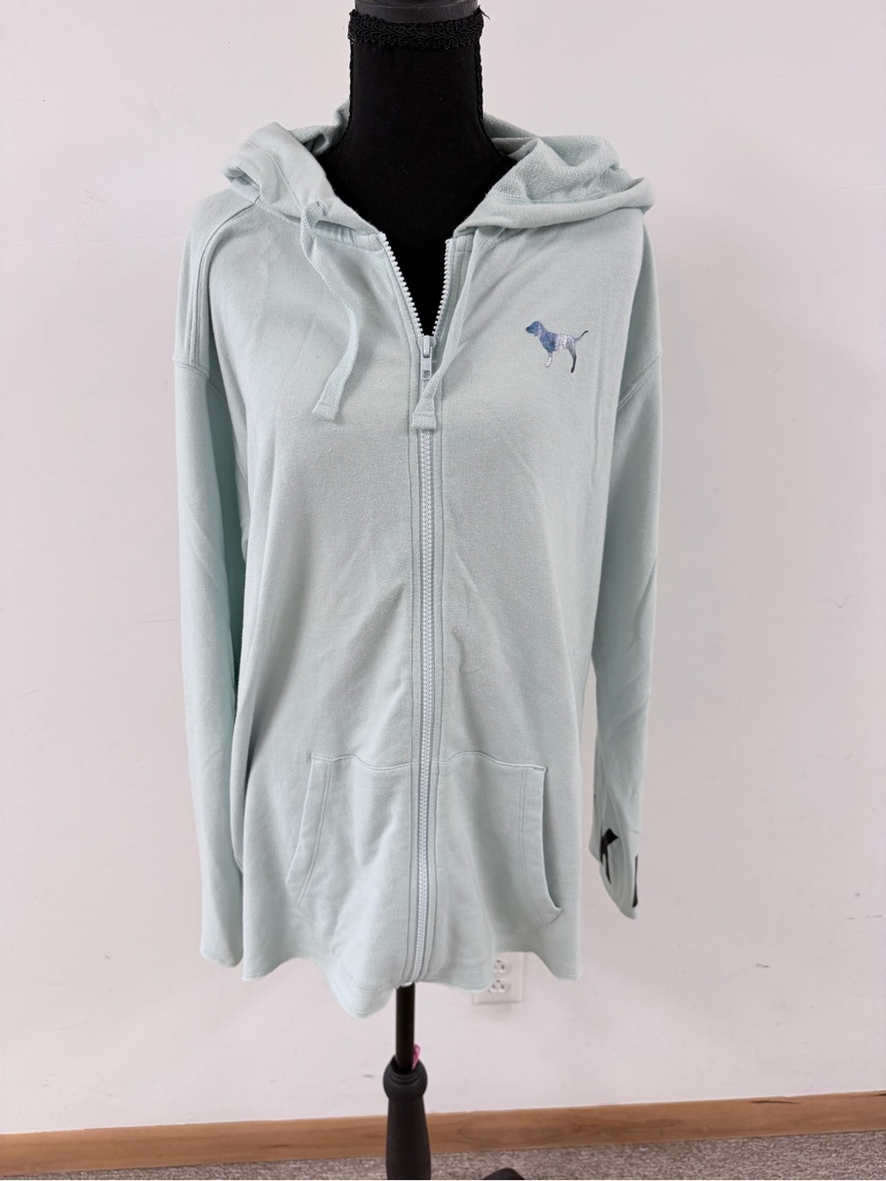 PINK Victoria's Secret Light Aqua Zip-Up Hoodie with Embroidered Dog